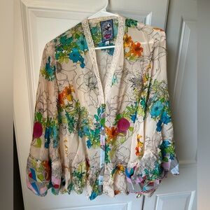 Johnny Was Floral Print Blouse with Lace Trim